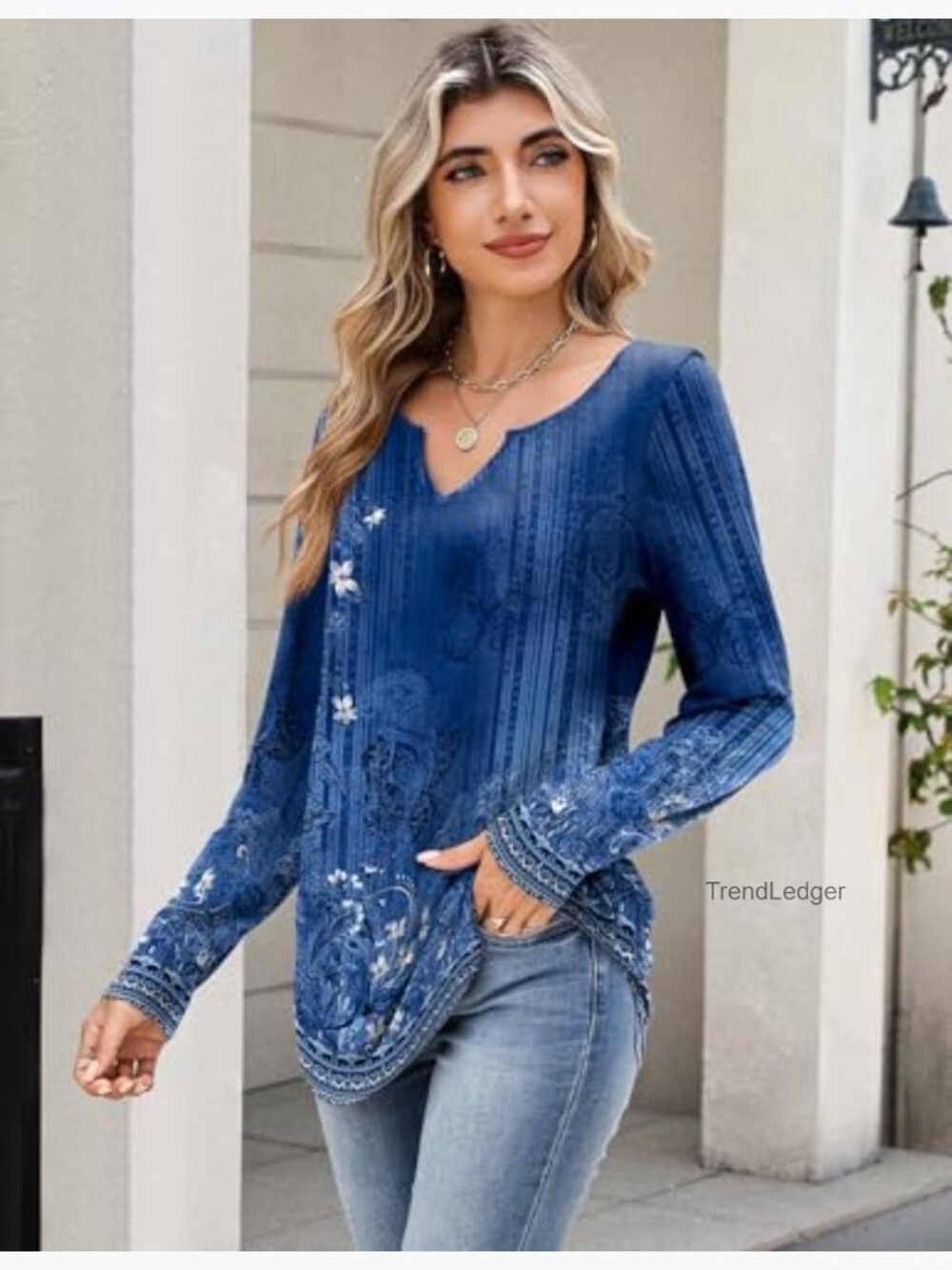 Long Sleeve V-Neck Tunic Top, Polyester Spandex Blend, Boho Casual Dressy - Picture 5 of 7